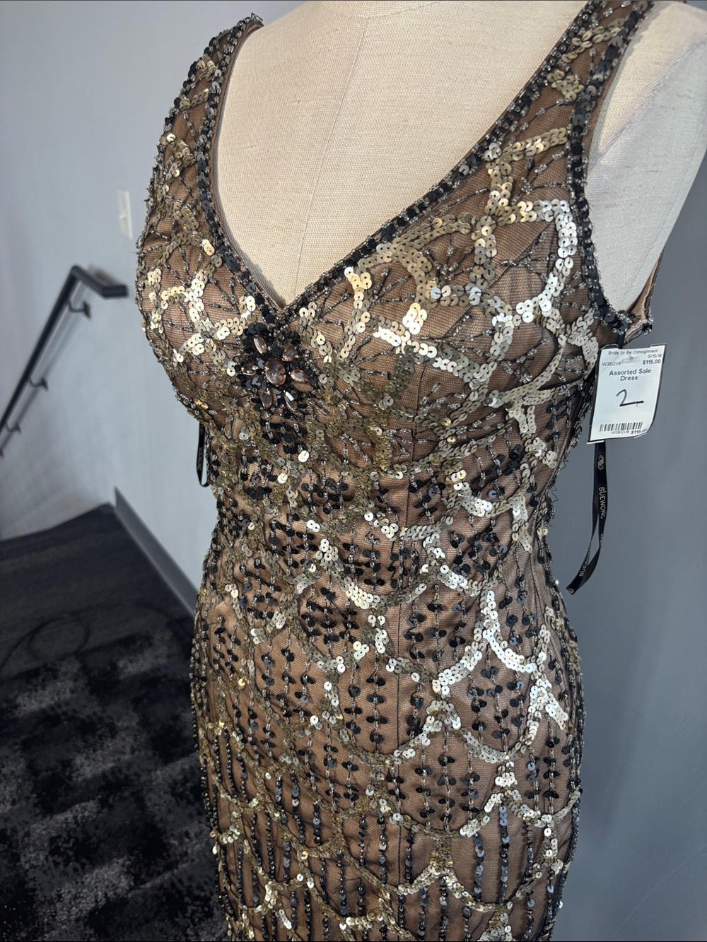 Sue Wong Gold and Black Sequin Midi Dress